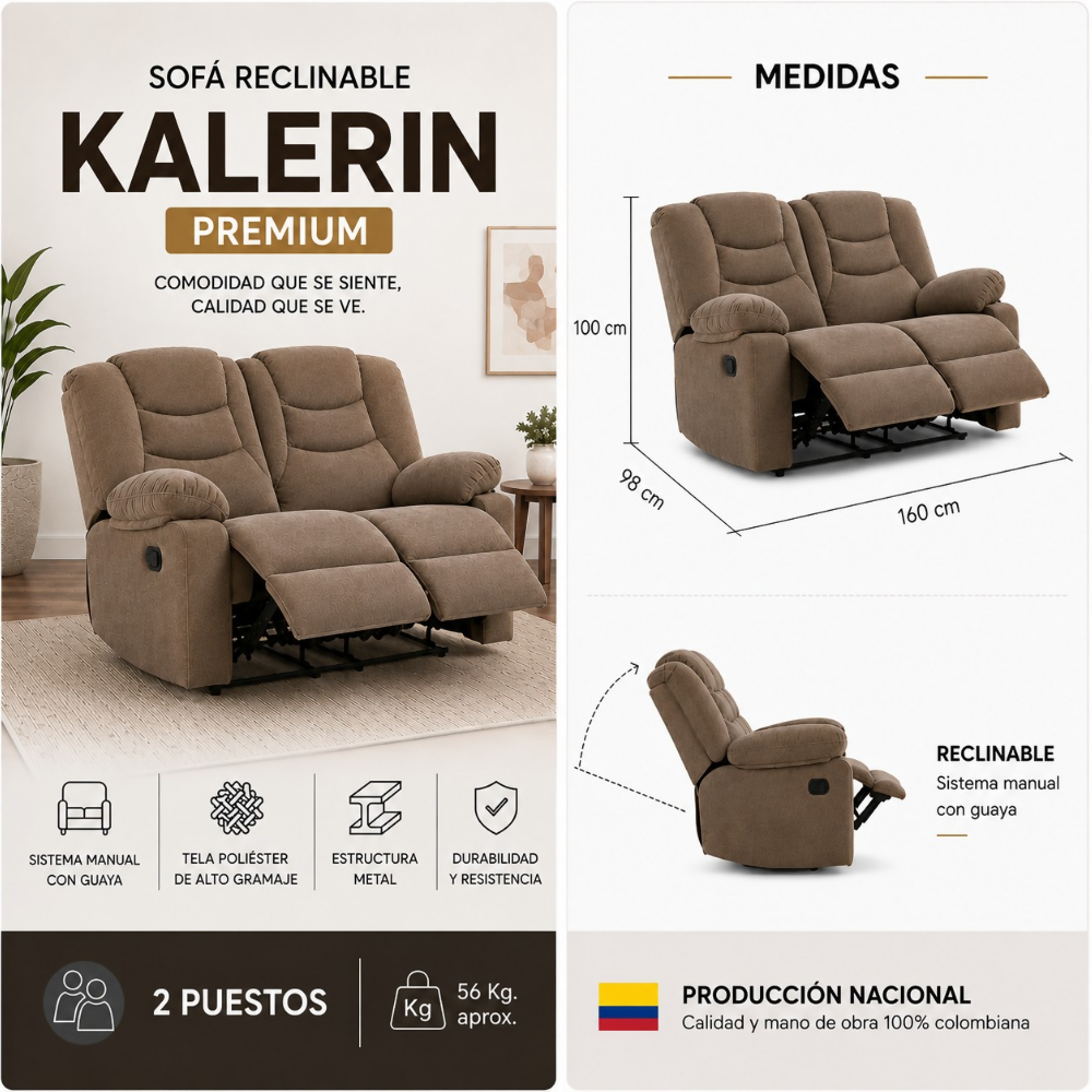 Sofá Reclinable De 2 Puestos Color Café Kalerin Premium