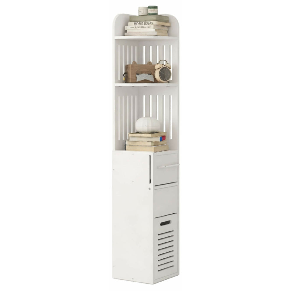 Organizador De Baño Vertical 120 Cm Con Estantes Y Cajón Mueble Slim Multifuncional Para Espacios Pequeños Color Blanco