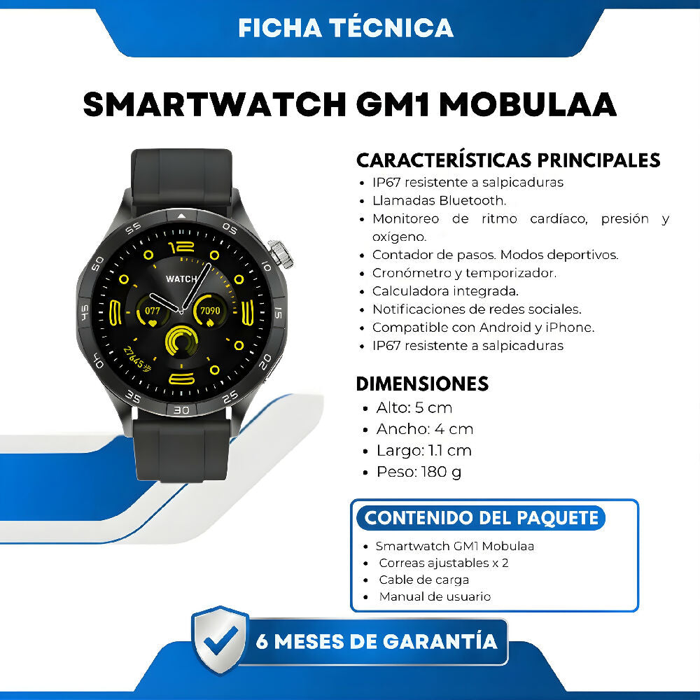Smartwatch GM1 Mobulaa Bluetooth Reloj Inteligente Deportivo Con Pantalla HD, Frecuencia Cardíaca Y Batería Duradera