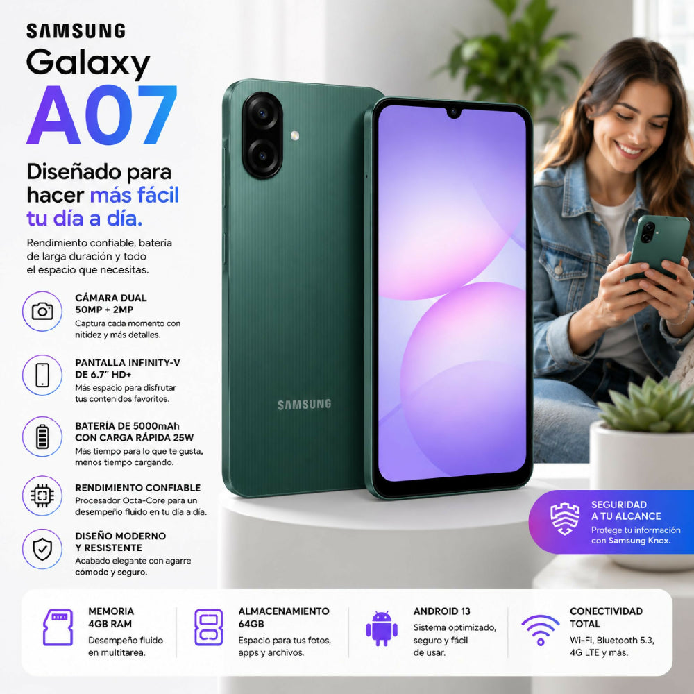 Celular Samsung Galaxy A07 128GB Almacenamiento 6GB RAM Smartphone Verde