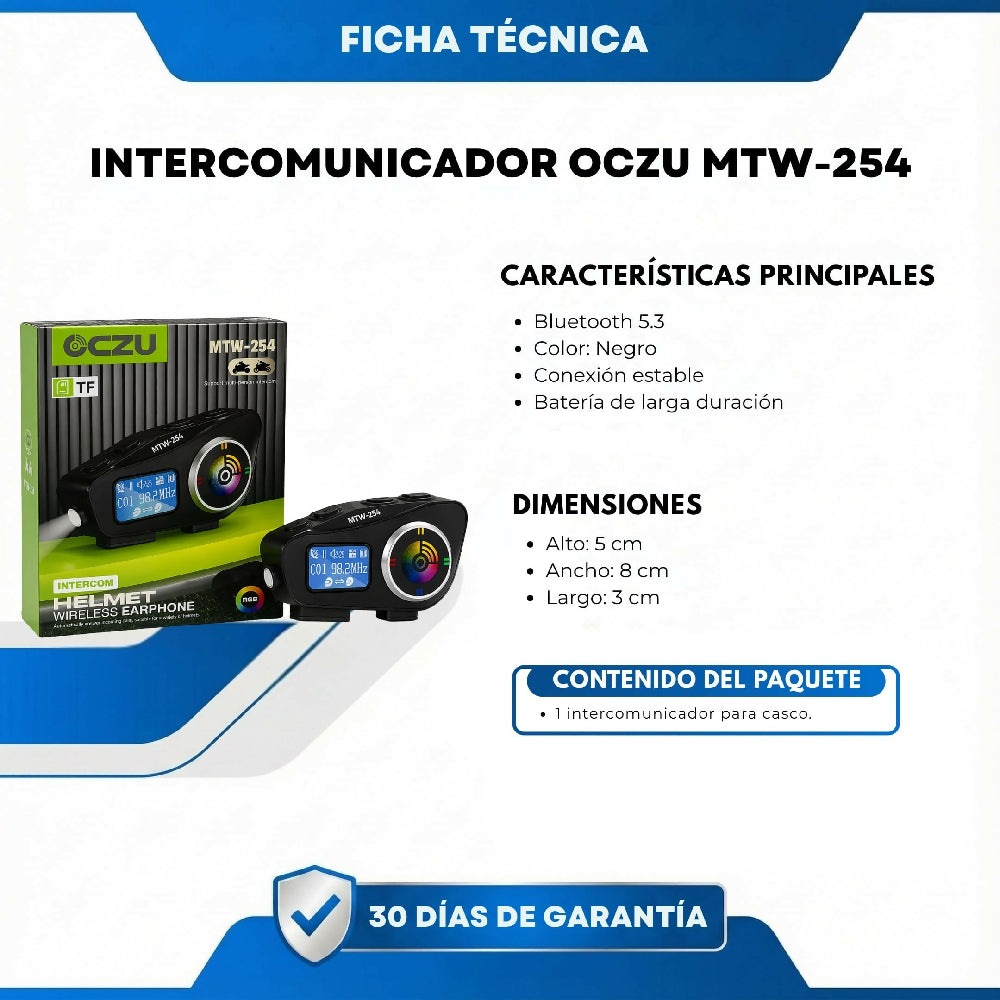 Intercomunicador OCZU MTW-254 Para Casco Bluetooth Con Pantalla, Radio FM Y Comunicación Moto A Moto