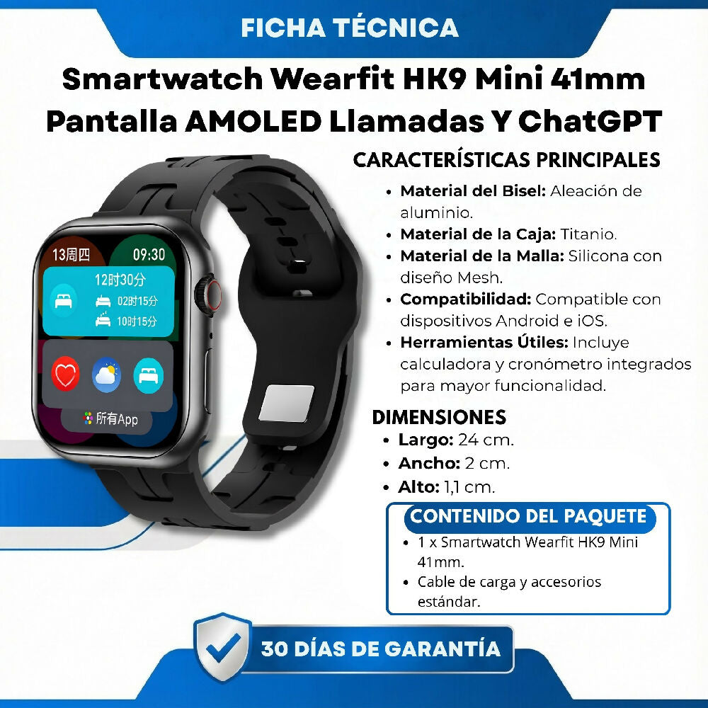 Smartwatch Wearfit HK9 Mini 41mm Pantalla AMOLED Llamadas Bluetooth Y ChatGPT Negro