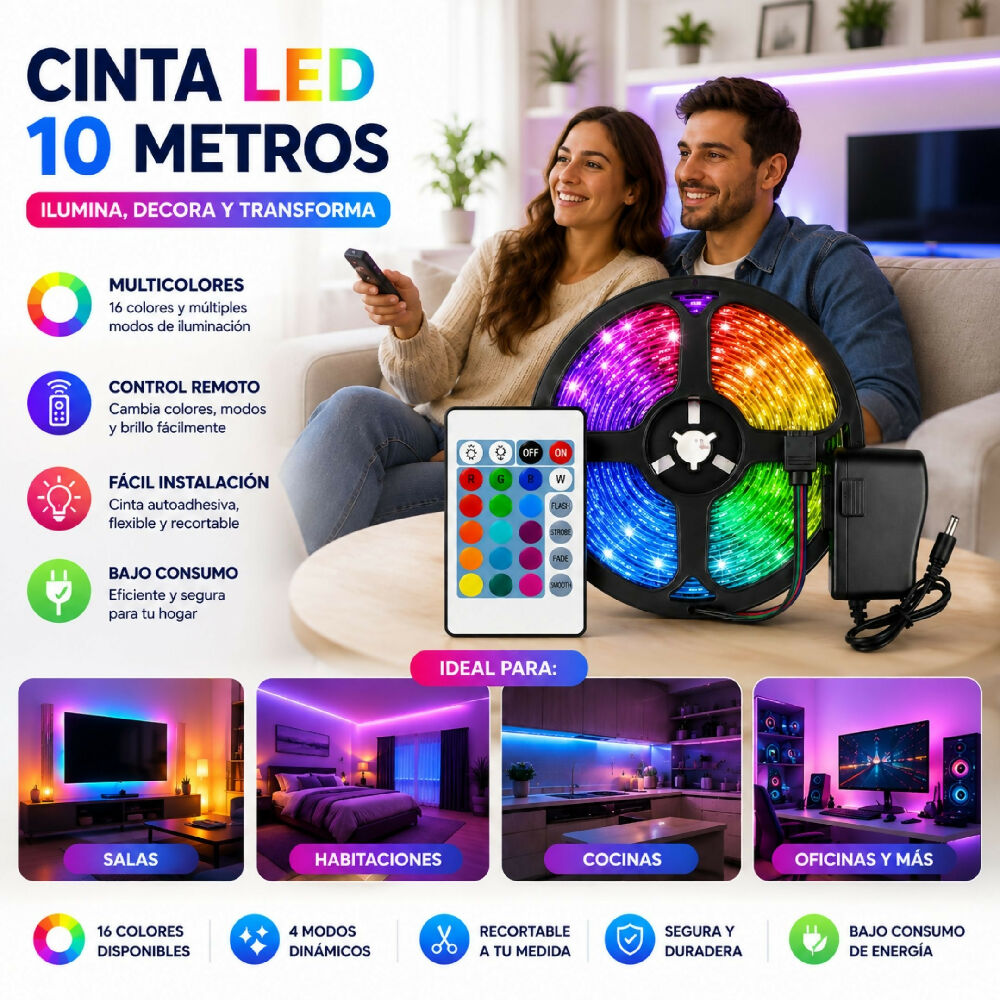 Cinta LED De 10 Metros Multicolor RGB Tira Flexible Autoadhesiva Para Decoración