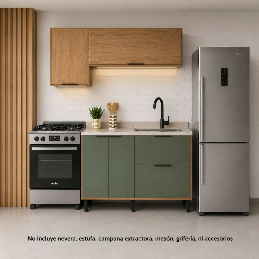 Cocina 120 cm Sicilia 4 Puertas 2 Cajones - Natural/Oliva