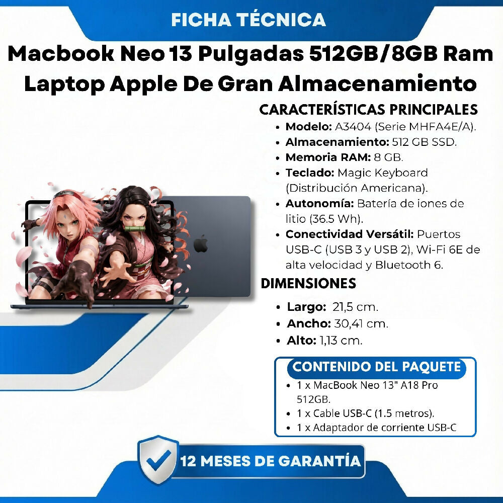 Macbook Neo 13 Pulgadas 512GB/8GB Ram Laptop Apple De Gran Almacenamiento Negro