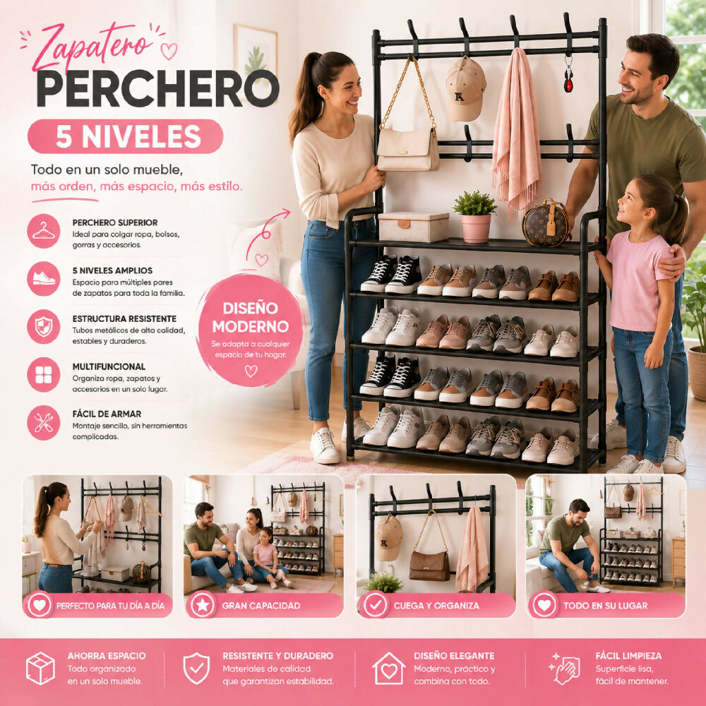 Zapatero Y Perchero 5 Niveles Multiuso Con Estructura Resistente Y Fácil De Armar