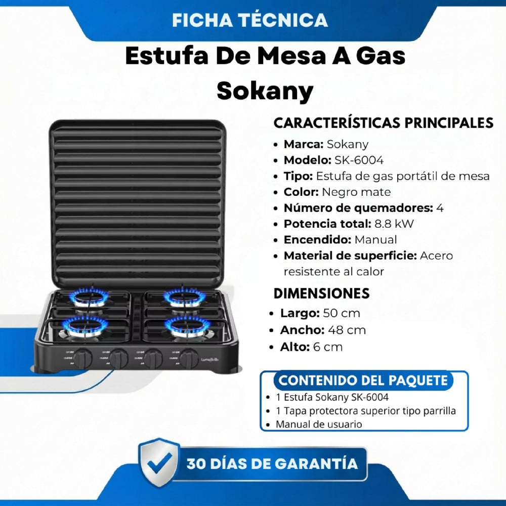 Estufa De Mesa A Gas Sokany 4 Puestos De Acero Inoxidable