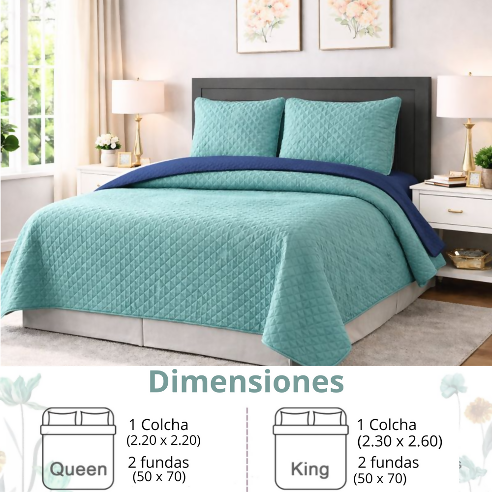 Colcha queen verde azul