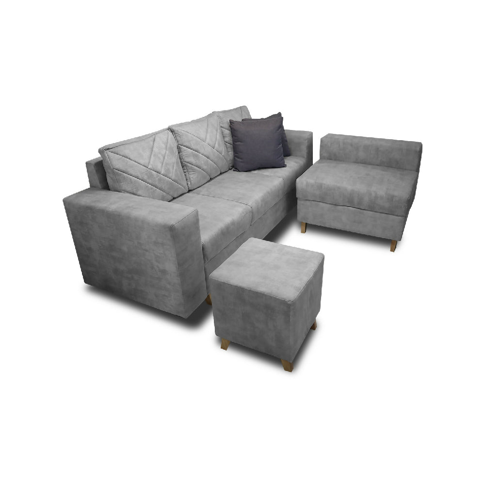 Sala Amsterdam + Silla + Puff en Tela Amiglable Con Mascotas 205X72X155 Cm Gris