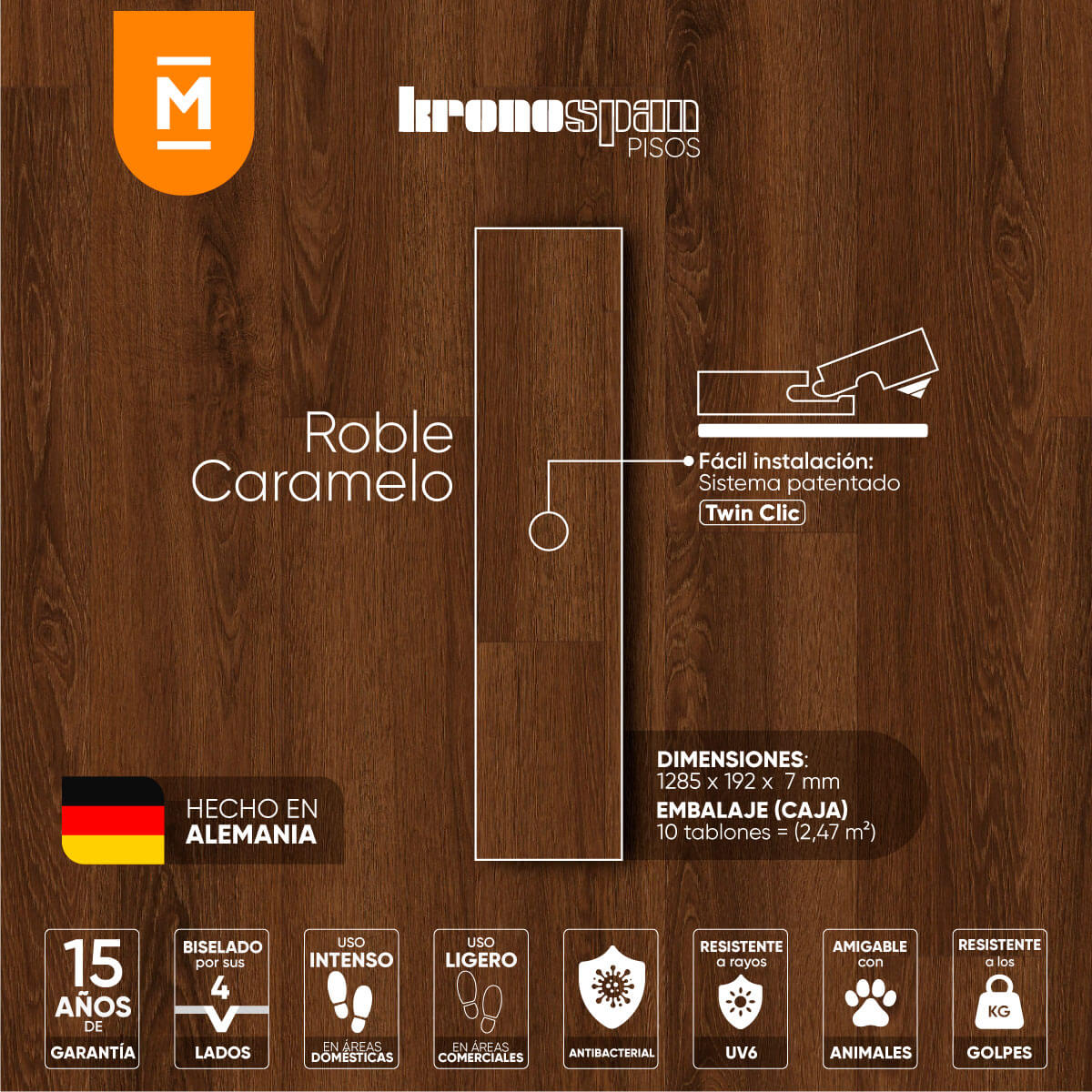 Piso laminado Roble Caramelo 7 mm AC3 23-31 para interiores por caja (2.47M²)