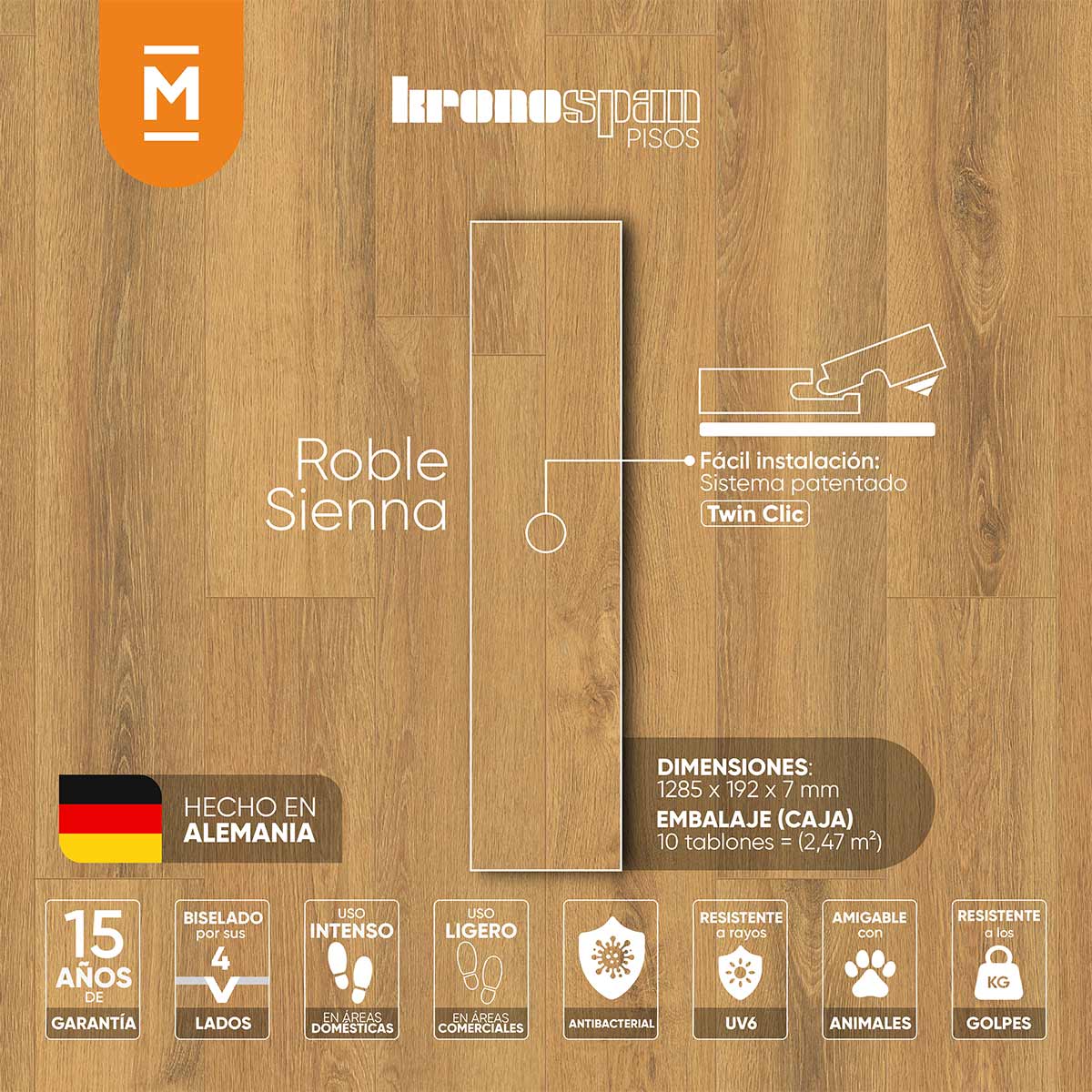 Piso laminado Roble Sienna 7 mm AC3 23-31 para interiores por caja (2.47M²)