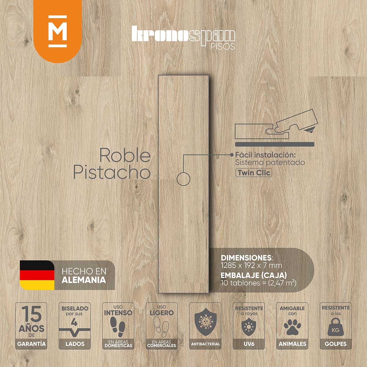 Piso laminado Roble Pistacho 7 mm AC3 23-31 para interiores por caja (2.47M²)