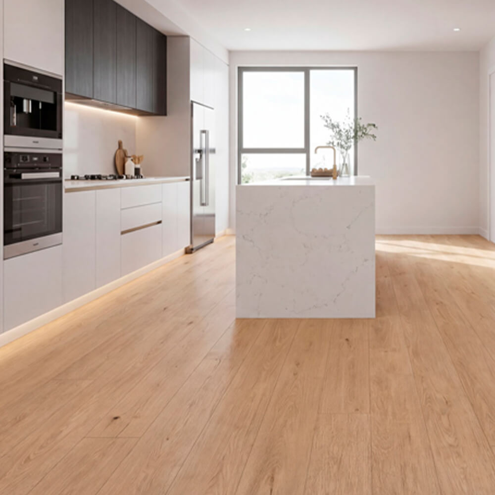 Piso laminado orgánico Roble Riviera 9 mm + corcho integrado de 1 mm AC6 para interiores por caja (2.94M²)