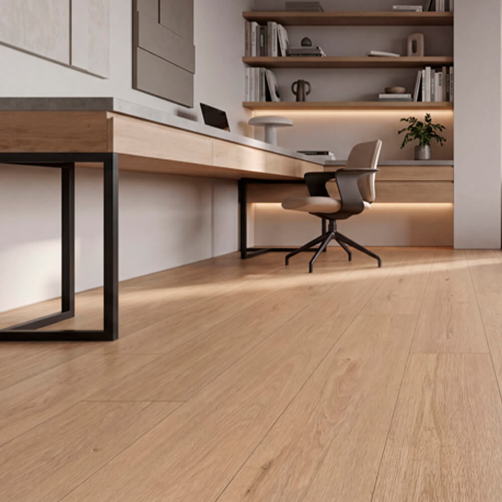 Piso laminado orgánico Roble Riviera 9 mm + corcho integrado de 1 mm AC6 para interiores por caja (2.94M²)