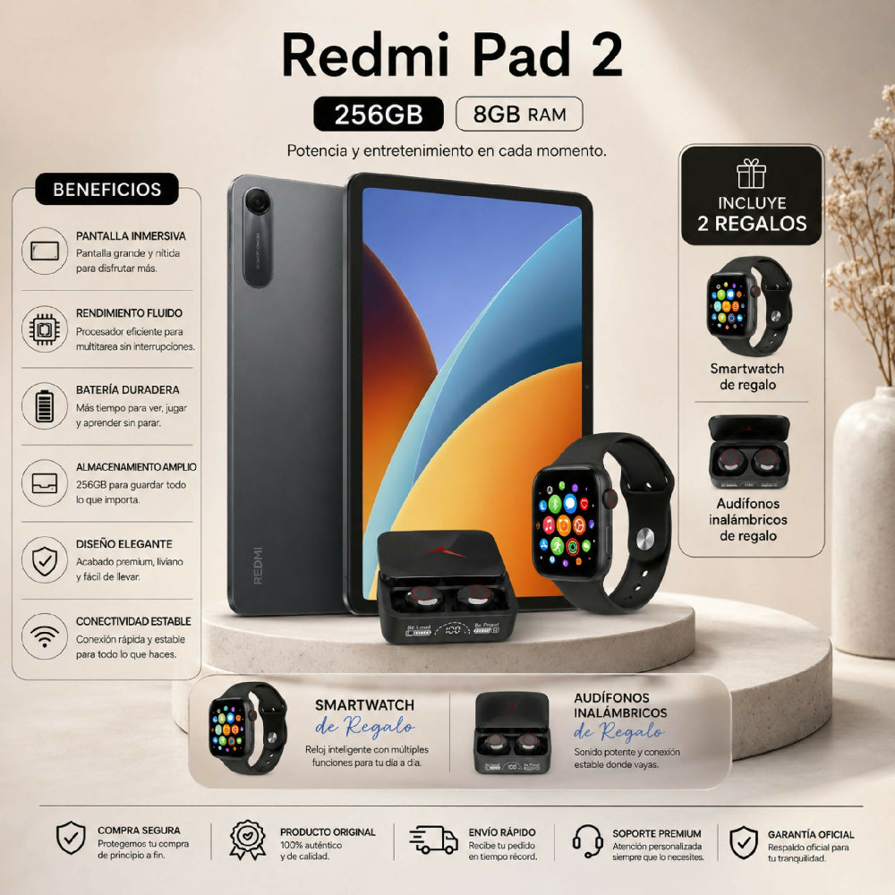 Tablet Redmi Pad 2 Wi-Fi 256GB 8GB RAM + Obsequios Audífonos Y Smartwatch Negro