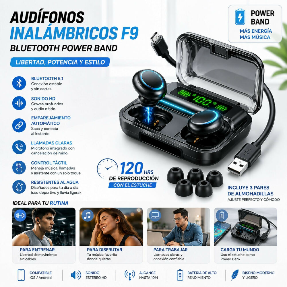 Audífonos Inalámbricos F9 Bluetooth Power Bank Estuche Carga Emergencia Y Sonido HD