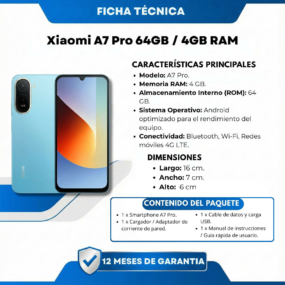 Celular Xiaomi A7 Pro 64GB Rendimiento Fluido Con 4GB Celeste