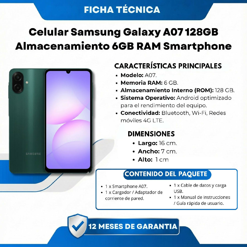 Celular Samsung Galaxy A07 128GB Almacenamiento 6GB RAM Smartphone Verde