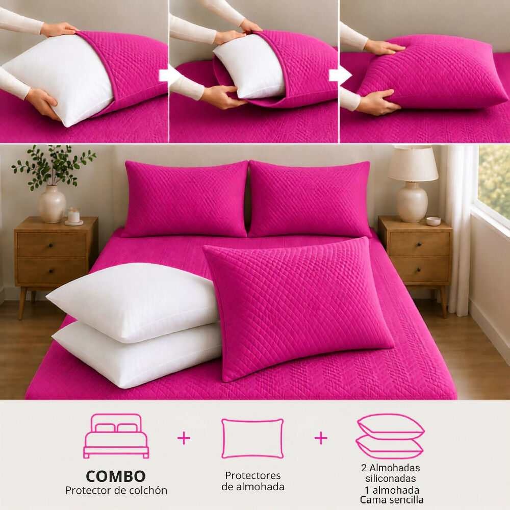 Combo protector colchon + 1 almohada siliconada sencillo fucsia