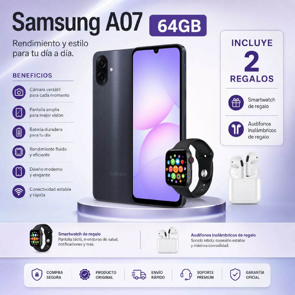 Celular A07 64GB Batería Larga Duración + Obsequio Audífonos Y Smartwatch Negro