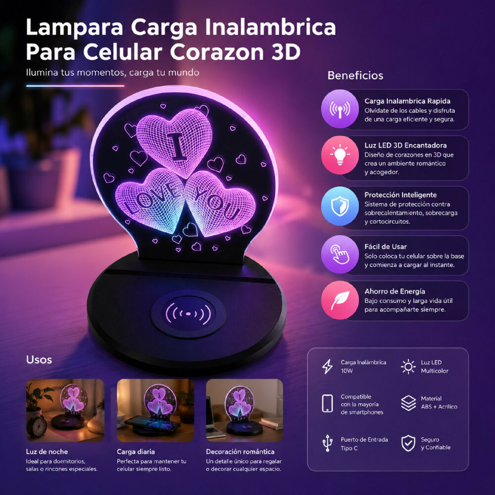 Lámpara Led Corazón 3D Con Carga Inalámbrica Rápida Para Celular