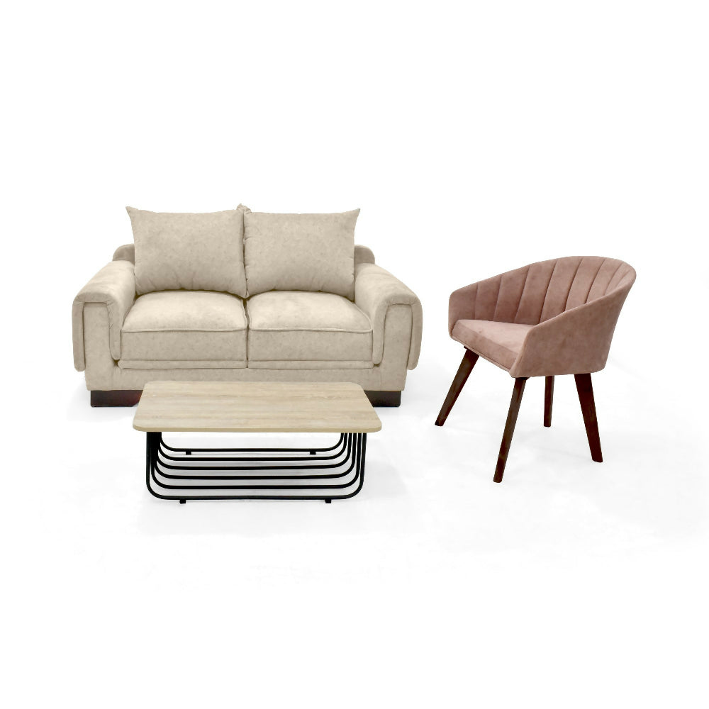 Set de Sala con Sofa Daytona 2 Puestos Tela Beige con Poltrona Shanghai Tela Salmon y Mesa Centro Lema