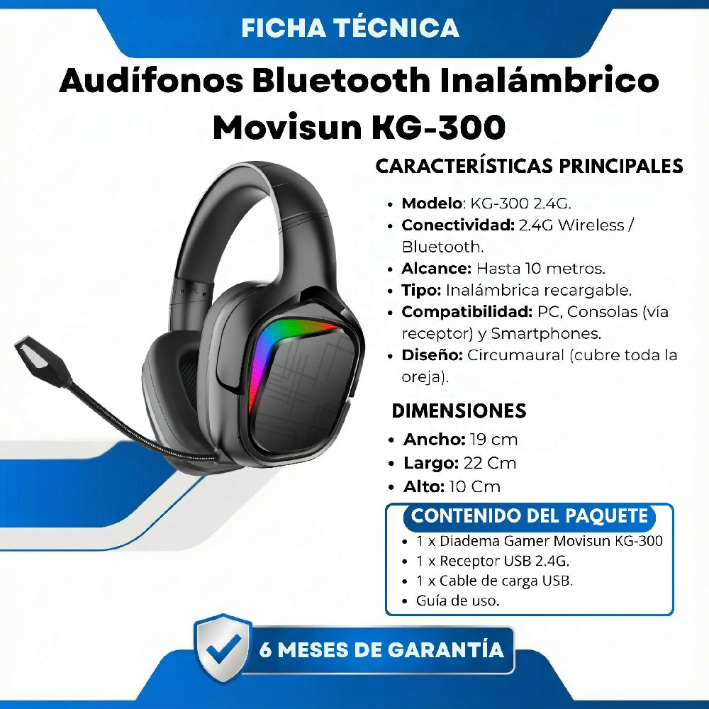 Audífonos Bluetooth Inalámbrico Movisun KG-300 Con Sonido HD Y Bajos Potentes