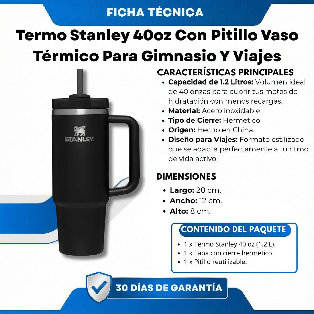 Termo Stanley 40oz Con Pitillo Vaso Térmico Para Gimnasio Y Viajes Negro