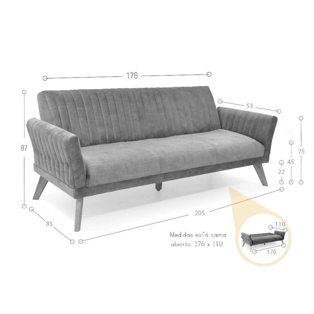 Sofa Cama Pensilvania 205x85x87 Reclinable Tela Gris