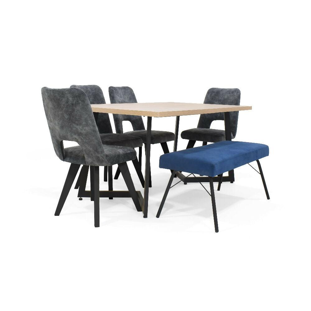 Comedor Rio 6 Puestos Sillas Leira y Butaco Tela Gris Azul