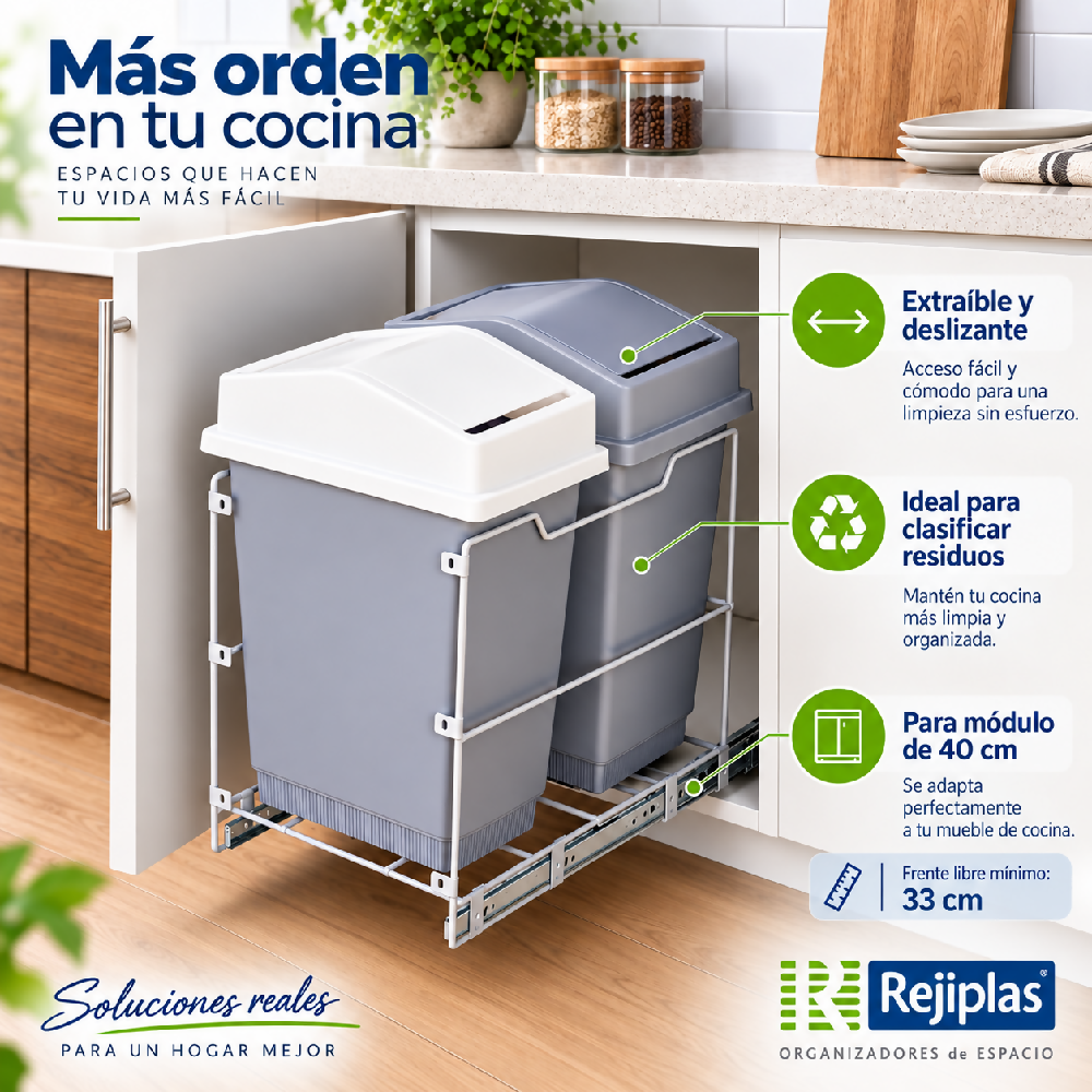 Basurera Doble Extraible 36 L para Cocina Módulo 40 cm Blanco Rejiplas