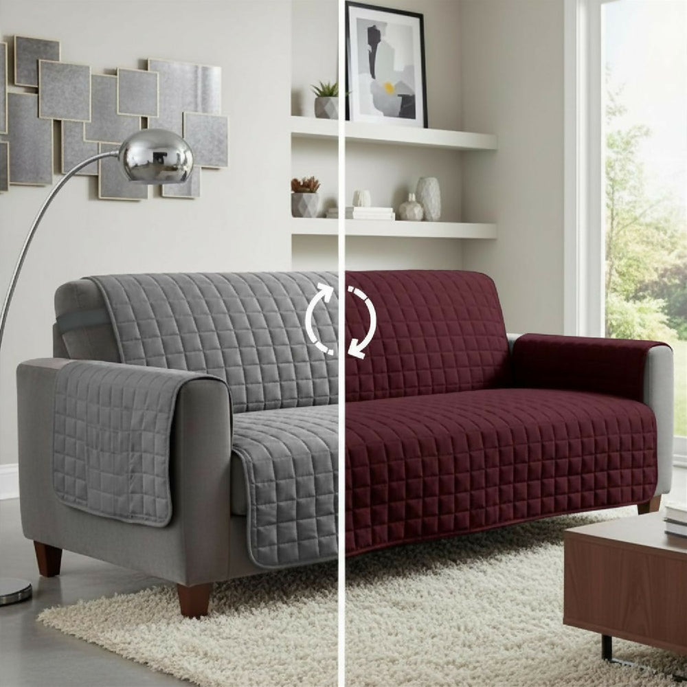 Protector de Sofá 3 Puestos Acolchado Doble Faz Unicolor Vino Tinto y Gris