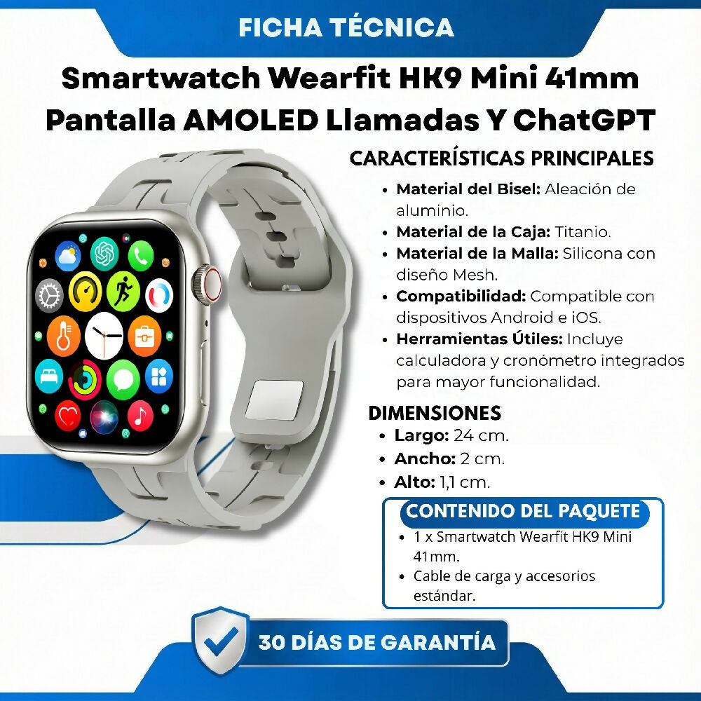 Smartwatch Wearfit HK9 Mini 41mm Pantalla AMOLED Llamadas Bluetooth Y ChatGPT Gris