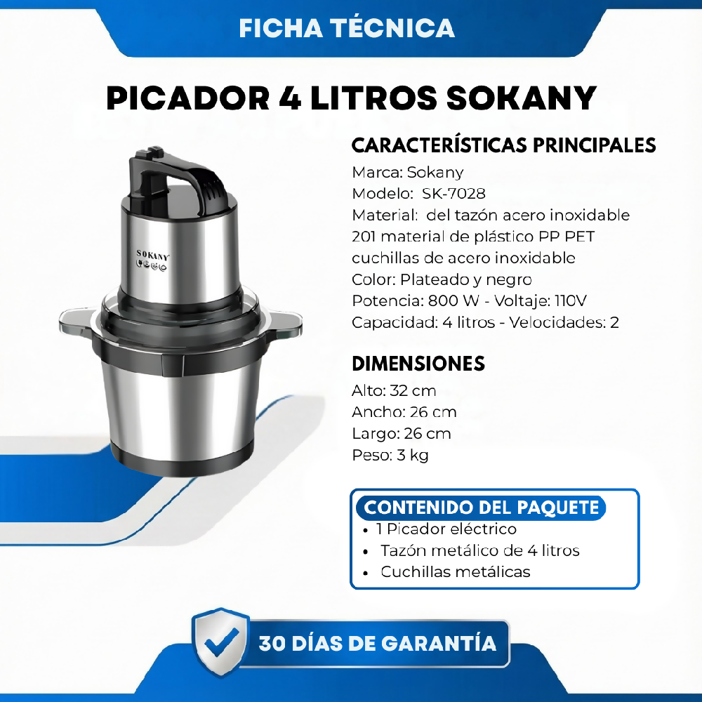 Picador Eléctrico Sokany 4 Litros Procesador De Alimentos De Alta Potencia Para Cocina Rápida Y Práctica