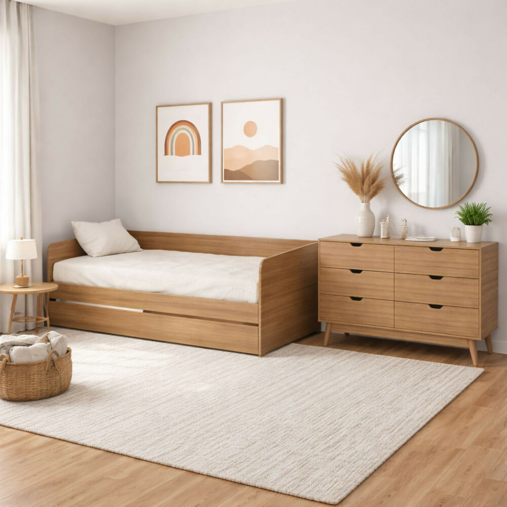Combo Sofá Cama Atlanta Almendra + Cómoda Dakar Almendra