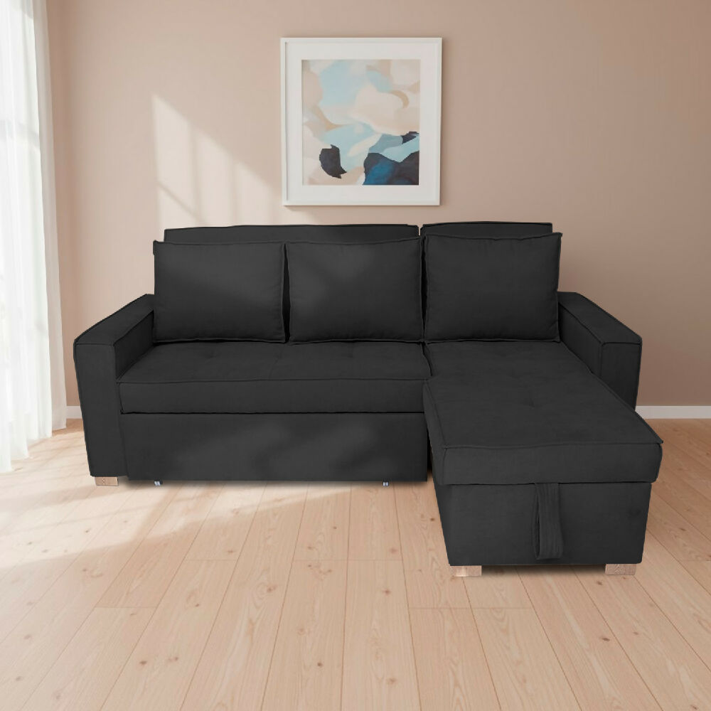 Esquinero Baúl Marsella Multifuncional Reclinable Derecho Negro + Cojines Decorativos