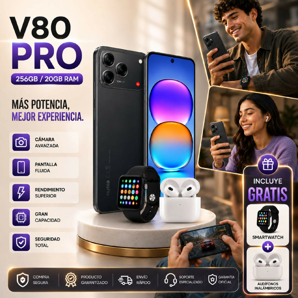 Celular Nubia V80 Pro 256GB 20GB RAM Negro + Kit De Audífonos Y Reloj