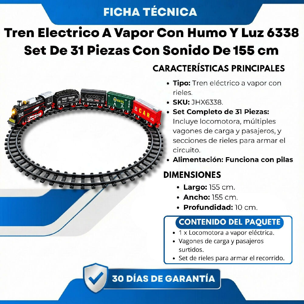 Tren Electrico A Vapor Con Humo Y Luz 6338 Set De 31 Piezas Con Sonido De 155CM