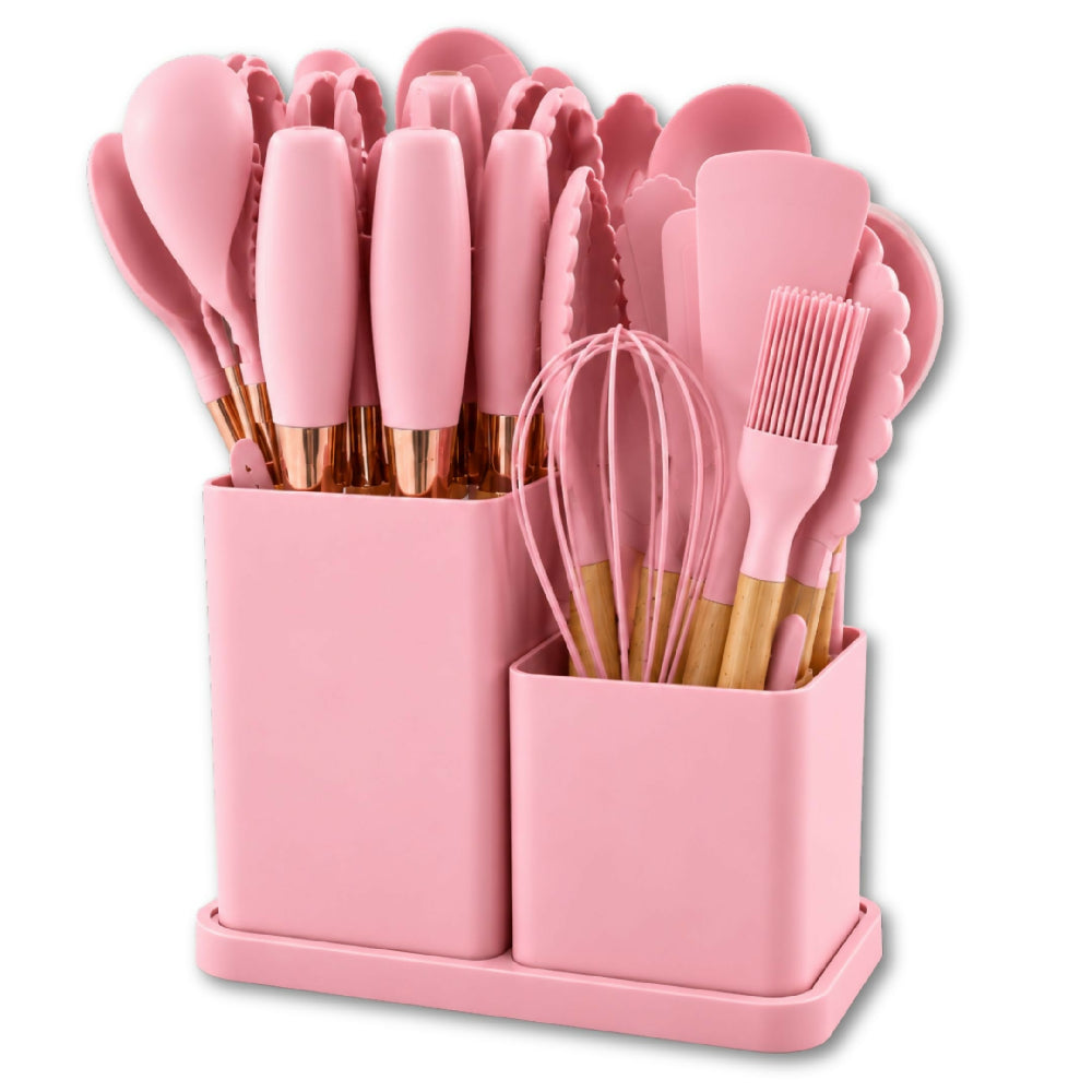 Set De Utensilios Y Cuchillos De 19 Piezas Silicona Antiadherente Y Acero Inoxidable Rosa
