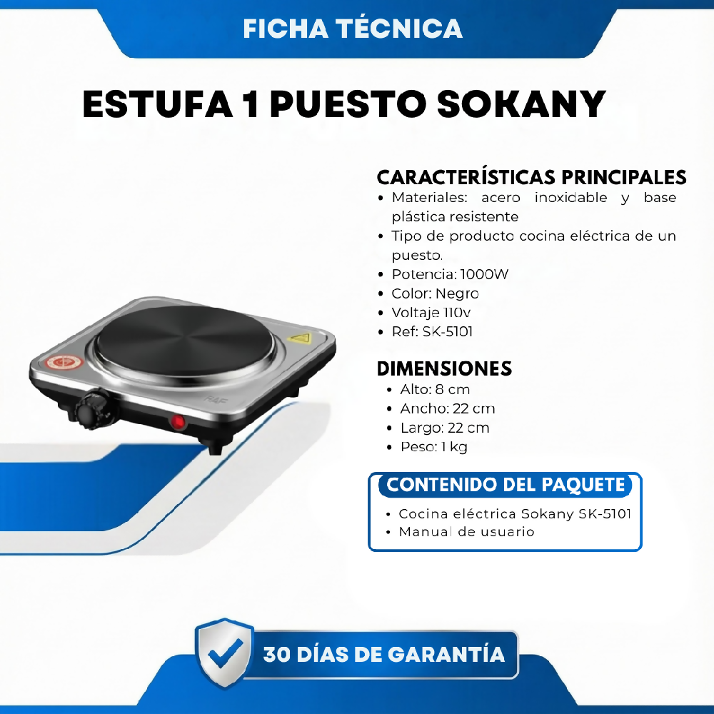 Estufa Eléctrica 1 Puesto Sokany Cocina Portátil De Alta Potencia Para Hogar Y Oficina