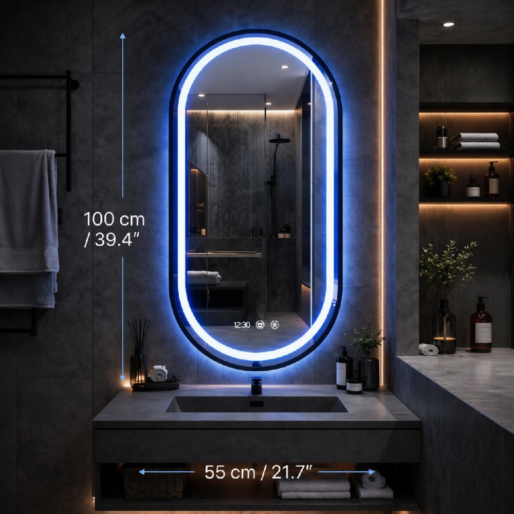 Espejo LED ovalado 100x55 con sistema antiempañante y elegante marco negro