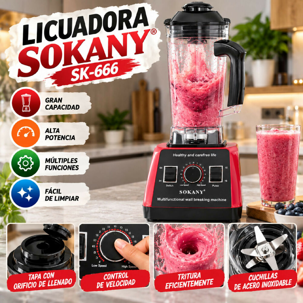 Licuadora Industrial De Alta Potencia Sokany SK-666 Rojo