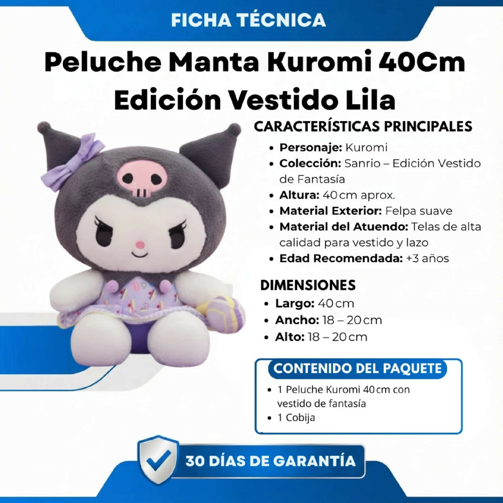 Peluche Manta Kuromi 40Cm Edición Vestido Lila Suave Ideal Para Regalo