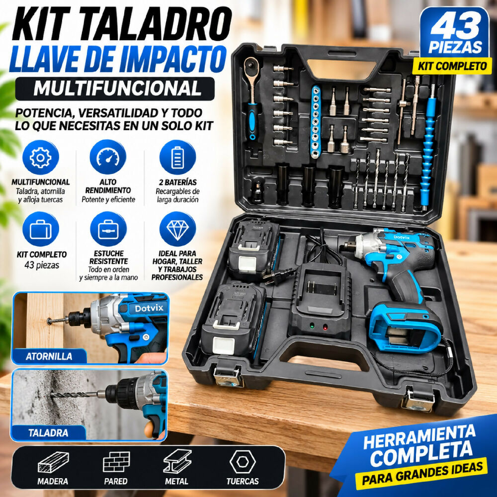 Kit taladro inalámbrico multifuncional con llave de impacto y 2 baterías - detalle