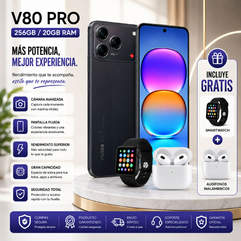 Celular Nubia V80 Pro 256GB 20GB RAM Negro + Kit De Audífonos Y Reloj