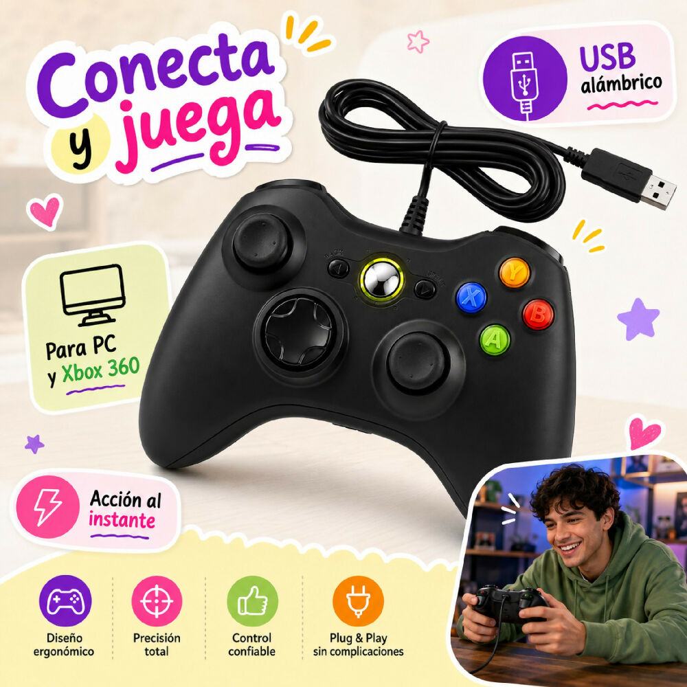 Control Alámbrico Para Xbox 360 Y PC Gamepad Con Conexión USB