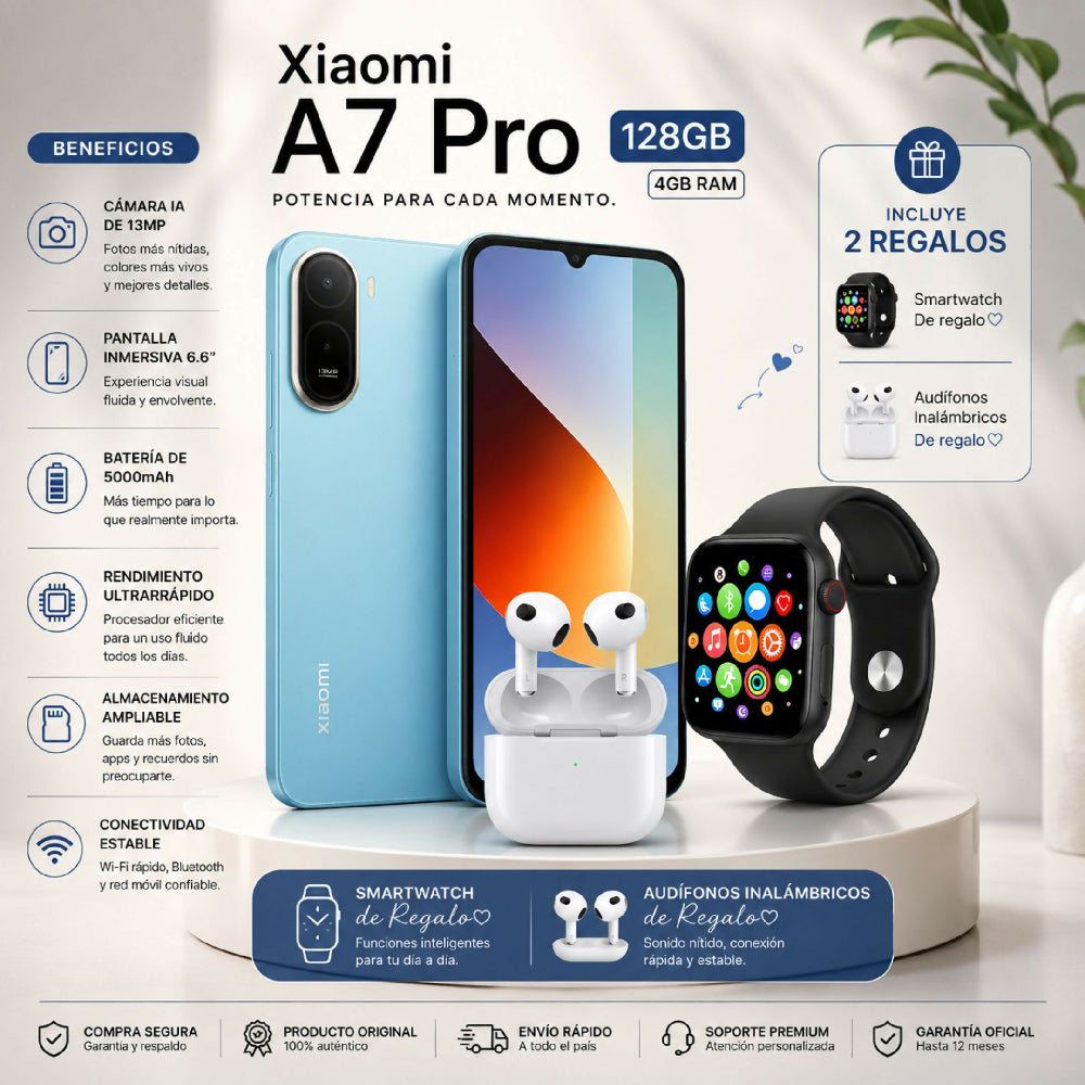 Celular Xiaomi A7 Pro 128GB / 4GB RAM Original Celeste + Obsequio Smartwatch Y Audífonos Inalámbricos