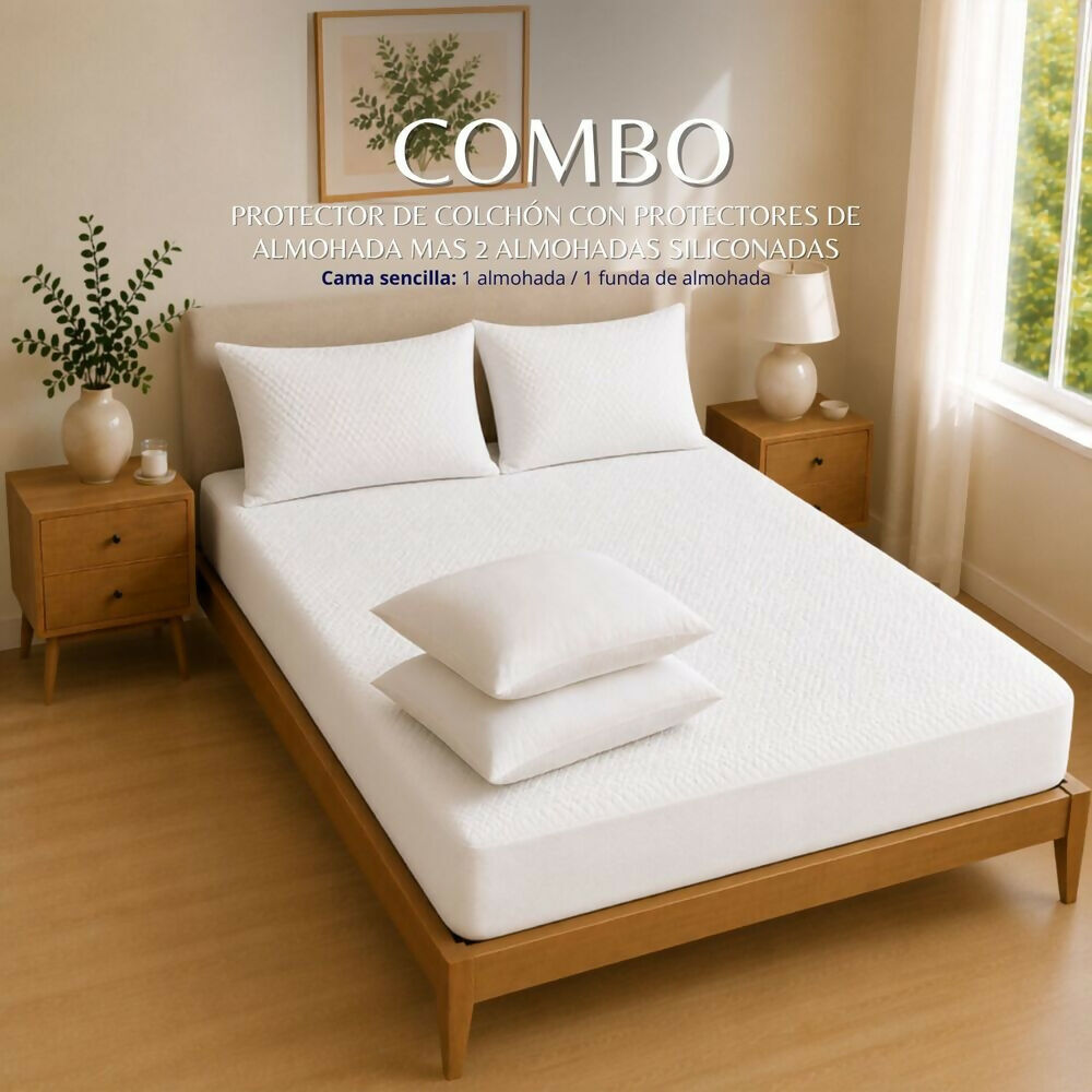 Combo protector colchon + 2 almohadas siliconadas king blanco