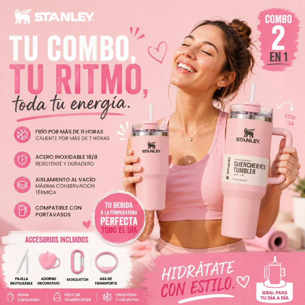 Combo Dúo Termo Stanley De Alta Resistencia Con Accesorios Sorpresa Rosa Pastel
