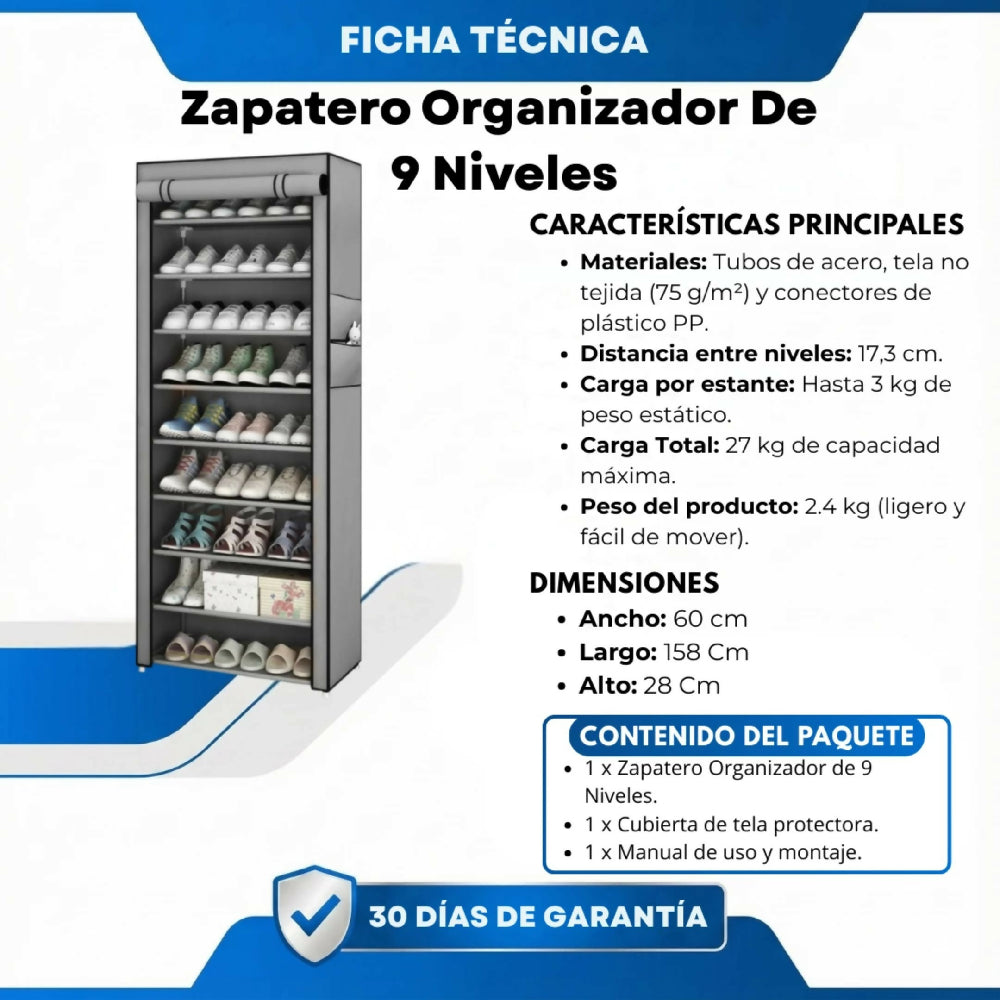 Zapatero Organizador De 9 Niveles Gran Capacidad Para 27 Pares Estante De Calzado Vertical Gris
